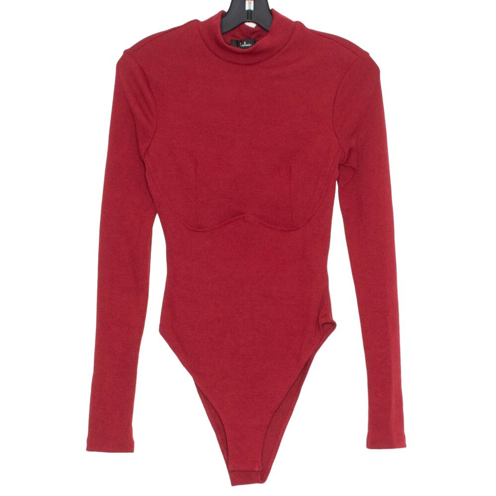 Lulus Womens Bodysuit Mockneck Long Sleeve Ribbed Red Size Medium EA